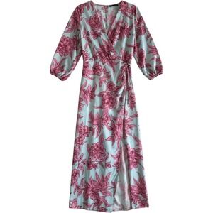 Zara Floral‎ Maxi Dress M Blue Pink Wrap Satin Balloon Sleeve Slit Cottagecore